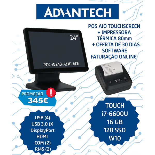 POS AIO Recondicionado Advantech 24″ Touchscreen + Impressora Térmica 80mm + Oferta 30 Dias Software de Faturação Online (IVA e Portes Incluídos)