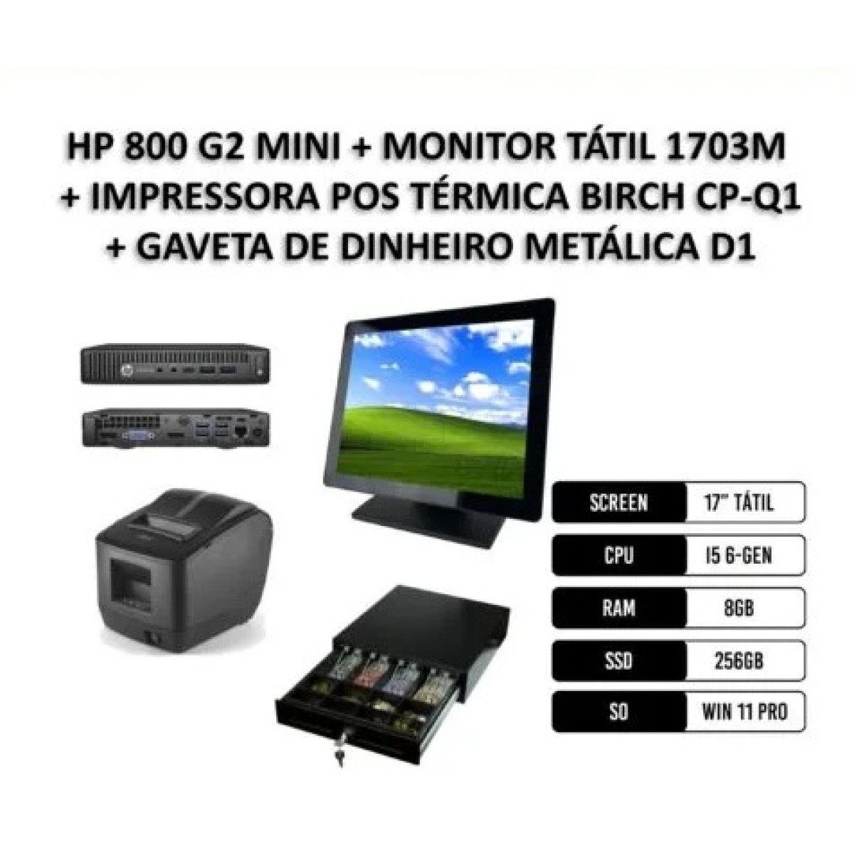 Bundle POS HP 800 G2 Mini + Monitor Tátil 17" + Impressora POS Térmica + Gaveta de Dinheiro Metálica + Oferta 30 Dias Software de Faturação Online (IVA e Portes Incluídos) - Image 1